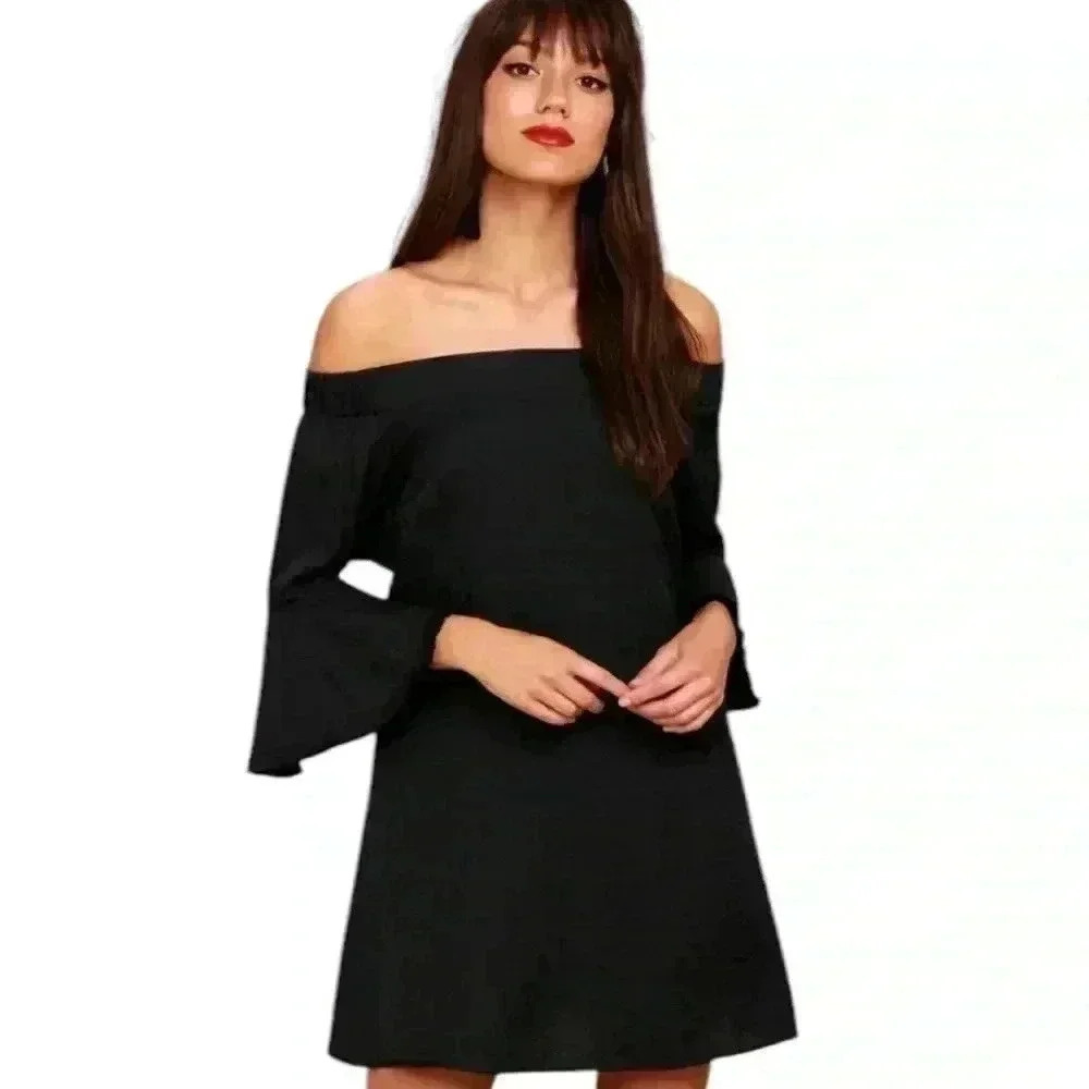 Lulus Day Out Women’s Black Off Shoulder Fringe Bell Sleeve Shift Dress S NWT